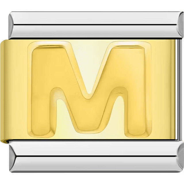 Gold Italian charm link with a raised letter "M" on a polished gold surface and silver edges.